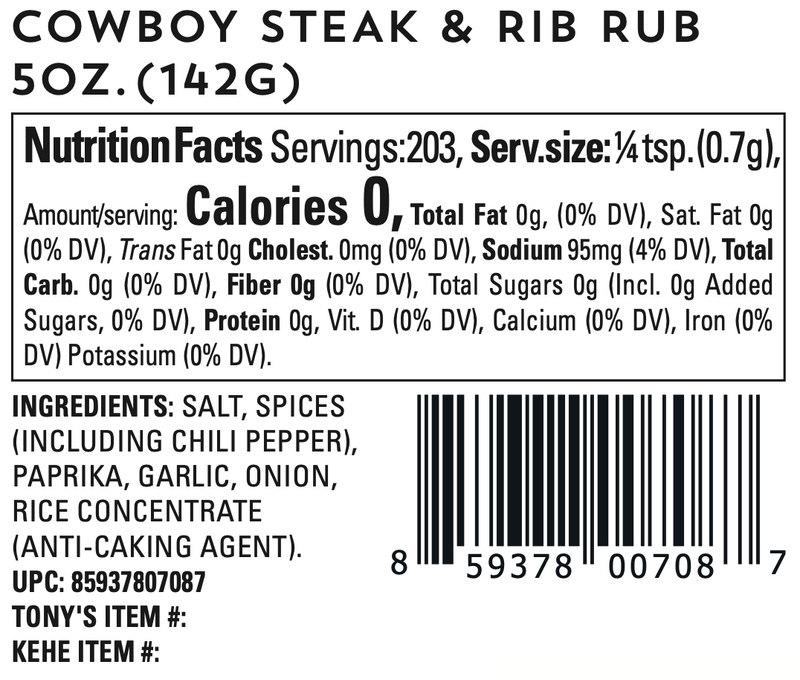 Oakland Dust Cowboy Steak and Rib Rub Nutritional Facts