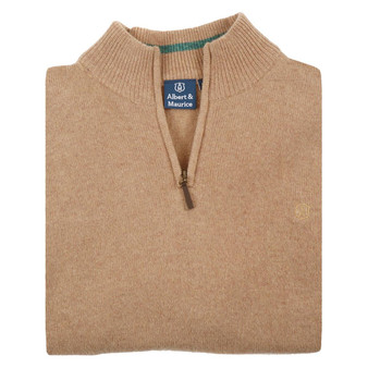 Albert and Maurice Netherton Sand Oatmeal Lambswool Zip Neck Jumper