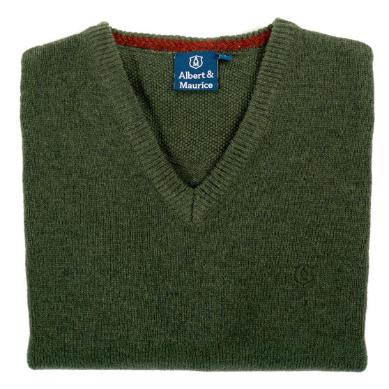 Albert and Maurice Mens Eastnor Olive Lambswool V Neck Jumper
