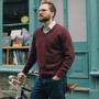 Albert and Maurice Mens Eastnor V Neck Jumper Claret w bike