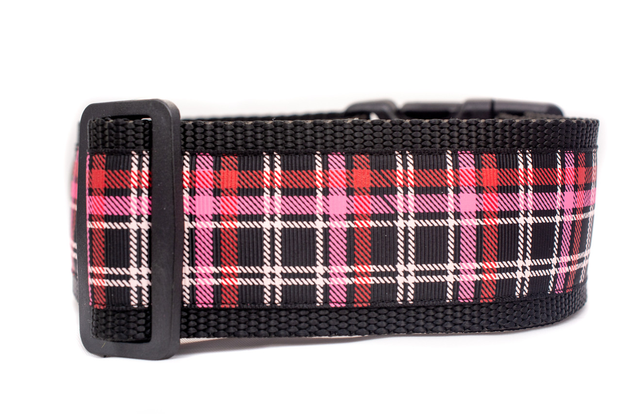 Black and Pink Plaid Dog Collar - 2" wide - Rustic dog collar