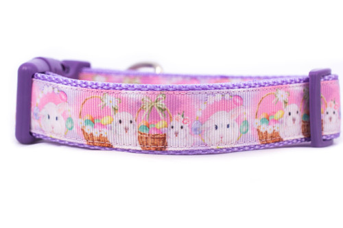 Purple dog collar with a pink and white Easter bunny pattern. 