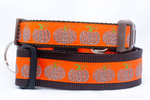 Orange and brown dog collar with a repeating pattern of leopard print pumpkins. 