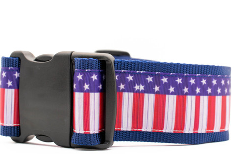 2 inch wide collar with a vintage flag design on navy blue nylon.