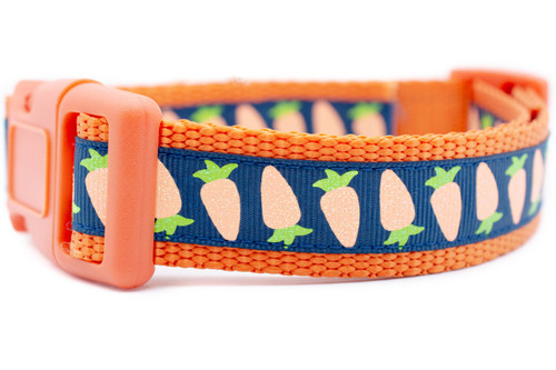 1 inch wide orange nylon with navy ribbon and glittery carrots.