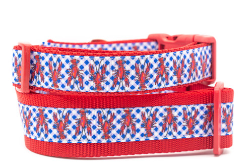 Collar with a white and blue gingham pattern featuring red crawfish or lobsters.