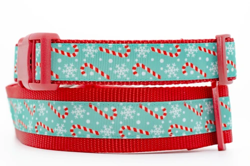 Candy canes on an aqua background with 1 inch wide red nylon.