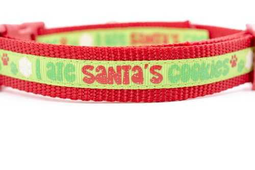 Dog collar with "I ate santa's cookies" and paws and snowflakes on a green background with red nylon
