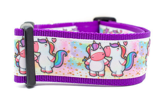 2 inch wide purple collar with kissing unicorns on a water color rainbow background with gold stars.