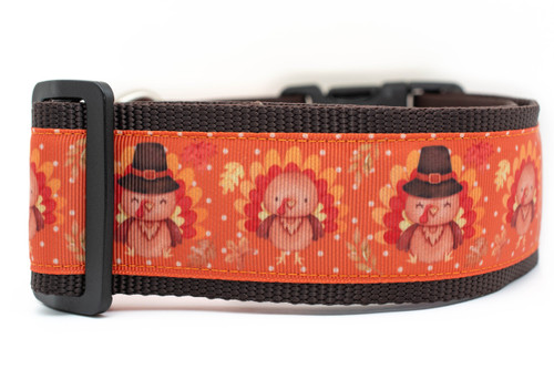 2 inch wide Thanksgiving collar with brown nylon and an orange design with leaves and polka dots and festive turkeys. 2 inch wide Thanksgiving collar with brown nylon and an orange design with leaves and polka dots and festive turkeys.