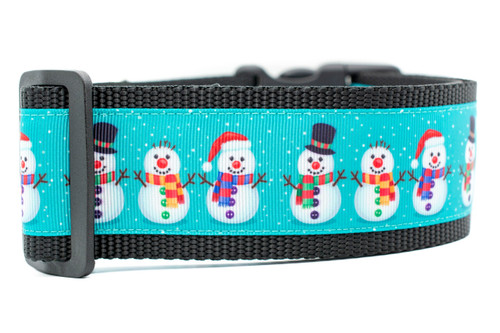 2 inch wide collar with black nylon and cute snowmen on an aqua blue background.