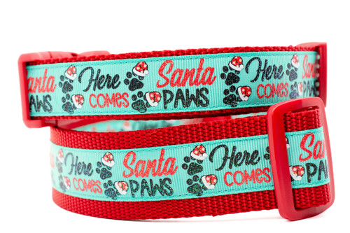 Collar with red nylon and pawprints with words Here Comes Santa Paws.  Top is 1 inch wide and bottom is 1.5 inch wide.