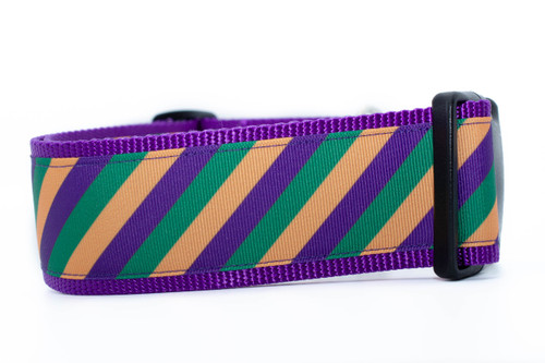 2 inch wide collar with purple nylon and a striped Mardi Gras pattern.