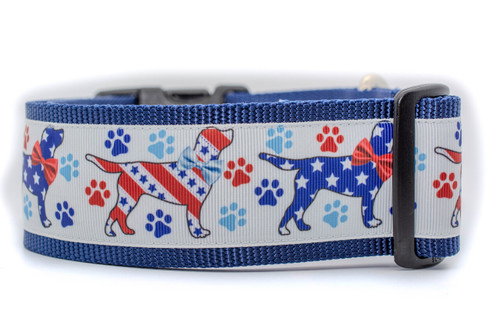 2 inch wide Collar with navy blue nylon and an patriotic paw print background.