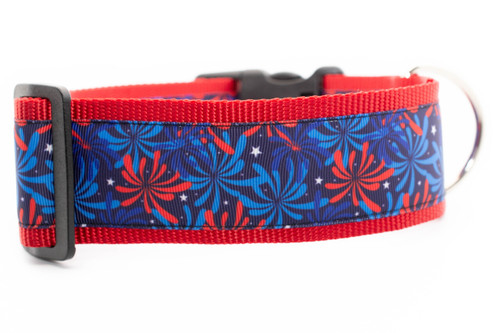 2 inch wide collar with red nylon and a fireworks print