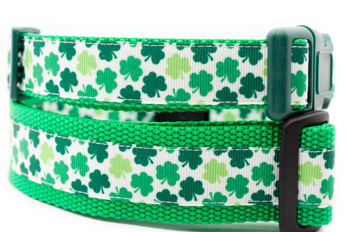 Kelly green dog collar with a scatter of multi-shades shamrocks.  Top is 1 inch wide and bottom is 1.5 inch wide.