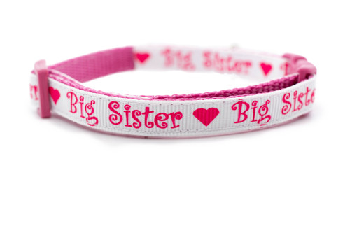 Cat collar with Big Sister and hearts in hot pink with rose nylon and matching breakaway buckle.