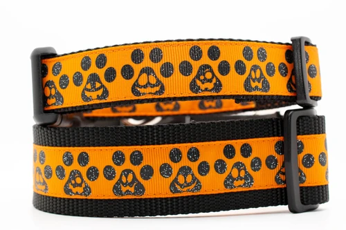 Halloween dog collar with glittery jack o lantern paws on orange background.