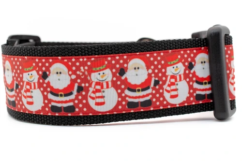 Santa and Snowman on red polka dot background and black nylon.