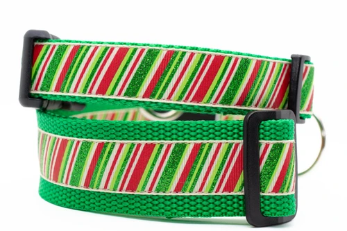 Red, cream and glittery green striped collar with green nylon.