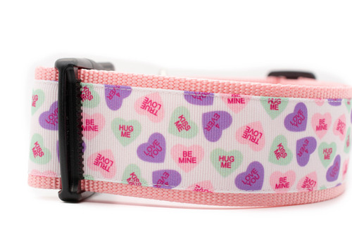A dog collar featuring a colorful Valentine's Day conversation heart candy pattern.