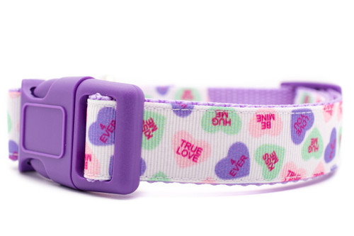 A close-up of a white dog collar featuring a colorful Valentine's Day conversation heart candy pattern with a matte purple plastic buckle and adjuster.