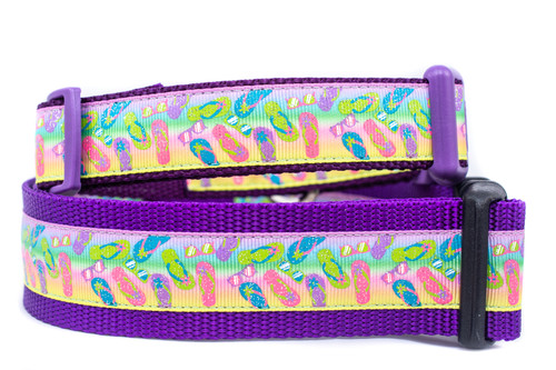 Glittery flip flops on pastel ombre background with purple nylon.  Top is 1 inch wide and bottom is 1.5 inch wide.