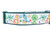 Green dog collar with a white ribbon featuring a repeating pattern of colorful cartoon dinosaurs and palm trees.