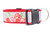 Red dog collar with a gray polka dot lace pattern featuring red and pink roses. 