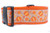 Orange dog collar with a repeating pattern of orange and yellow pumpkins on a burlap patterned background.