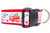 A red dog collar with a design includes a red airplane carrying presents, snowflakes, candy canes, and colorful ornaments.