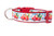 Red dog collar with a white background featuring a repeating pattern of red trucks carrying Christmas trees and presents. 