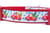 Red dog collar with a white background featuring a repeating pattern of red trucks carrying Christmas trees and presents. 