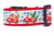 Red dog collar with a white background featuring a repeating pattern of red trucks carrying Christmas trees and presents. 