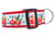 Red dog collar with a white background featuring a repeating pattern of red trucks carrying Christmas trees and presents. 