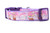 Purple dog collar with a pink and white Easter bunny pattern. 