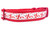 Red dog collar with a white background featuring a repeating pattern of red lobsters or crayfish and black polka dots.