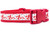 Red dog collar with a white background featuring a repeating pattern of red lobsters or crayfish and black polka dots.