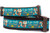 A turquoise blue dog collar with brown nylon. The collar has a repeating pattern of squirrels, acorns, and flowers. The text 'I go nuts for Fall' is printed on the collar.