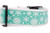 A aqua blue dog collar with a white snowflake pattern and white polka dots. 