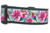 A green dog collar with a tropical print featuring pink flowers and humming birds.