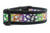 A black dog collar with white ghosts and a rainbow colored pattern. 