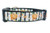 Black dog collar with a white and black striped pattern. The collar features a repeating design of orange pumpkins, fall leaves, and floral accents. 