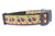 A brown dog collar with a pale orange background and a pattern of turkeys, pilgrim hats, pumpkins, corn and leaves.