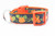 Orange dog collar with a pumpkin and leaf pattern.