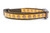 A brown dog collar with a pale orange and brown acorn pattern.