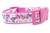 Pink dog collar with a white background featuring a pattern of hearts, kisses, and adorable puppies. 