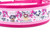 Pink dog collar with a white background featuring a pattern of hearts, kisses, and adorable puppies. 