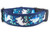 A blue dog collar with a colorful print of hammerhead sharks, rays and bubbles. 