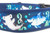 A blue dog collar with a colorful print of hammerhead sharks, rays and bubbles. 
